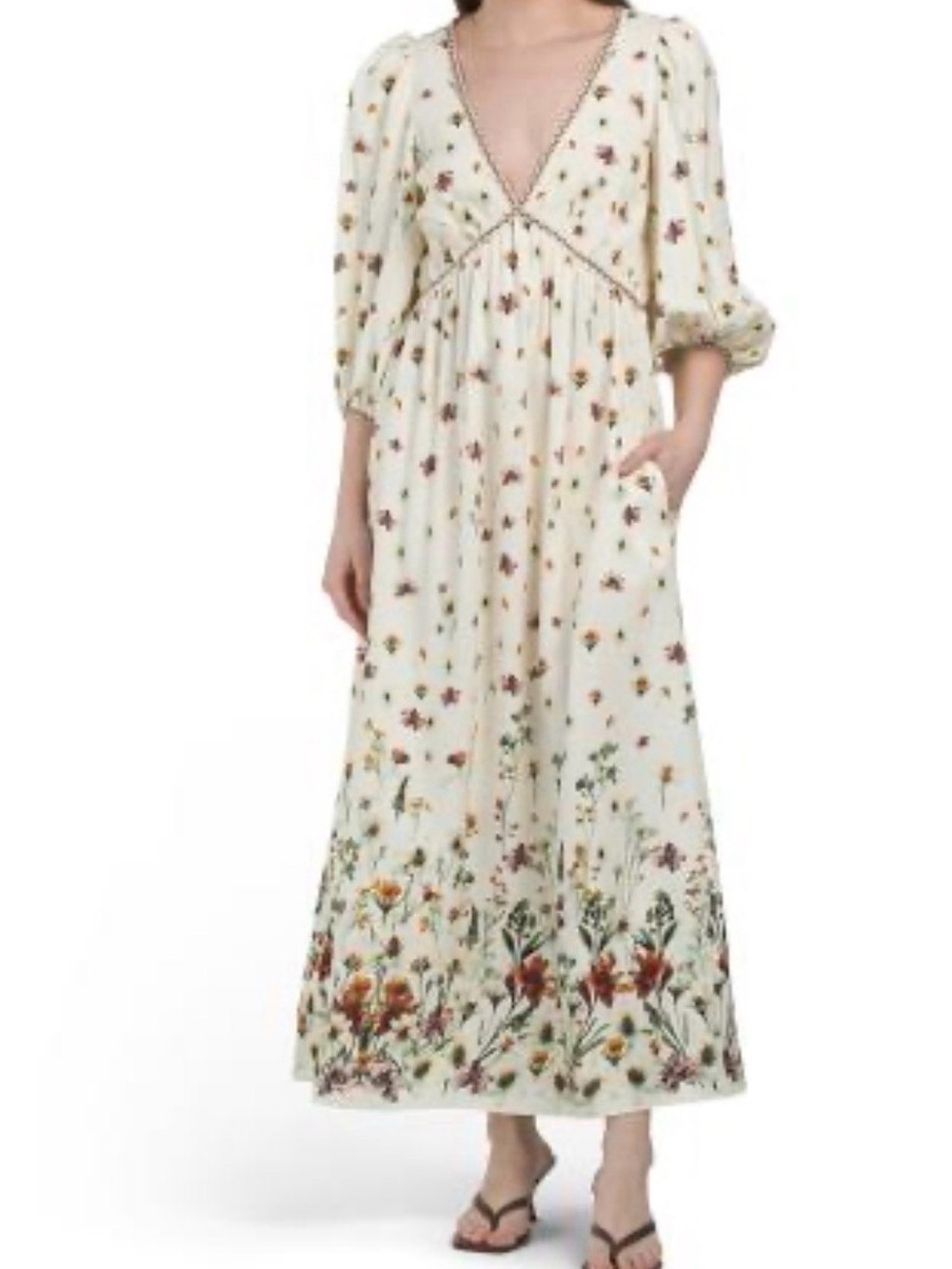 Max Studio London Floral Boho Maxi Dress Cream Long Sleeve Cottagecore Small